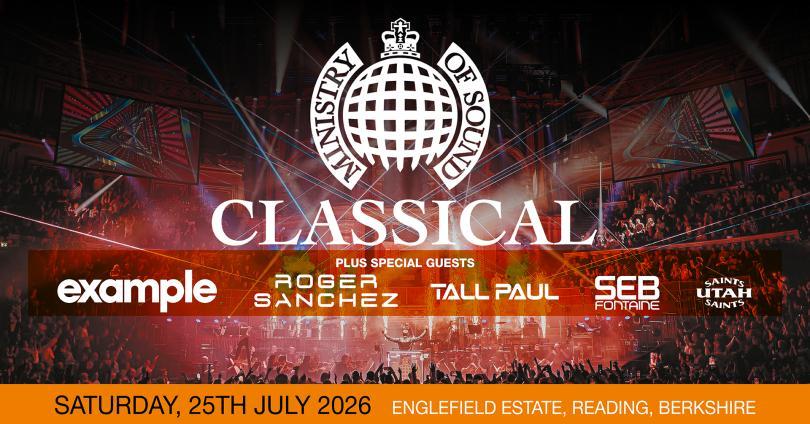 Poster featuring the Ministry of Sound Classical logo and an image of the orchestra performing in an arena
