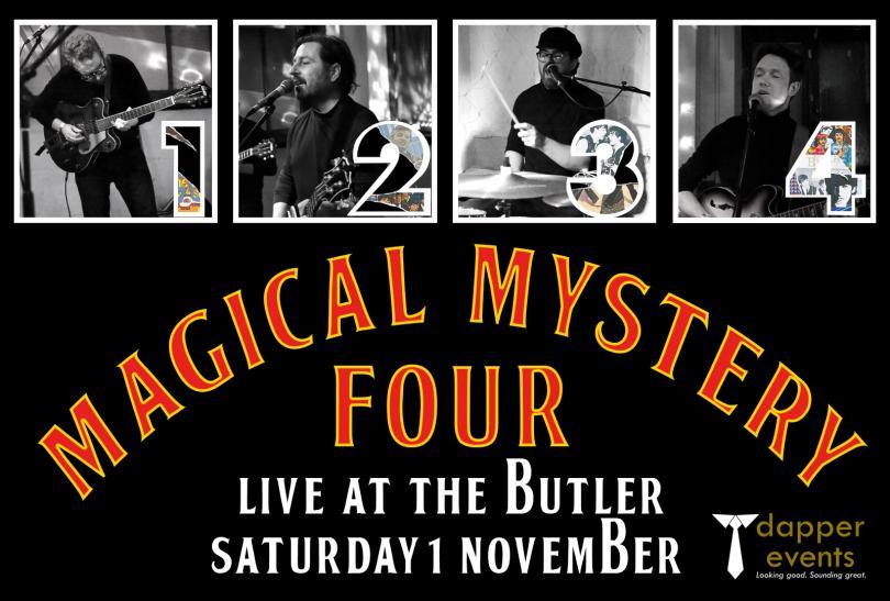 Magical Mystery Four logo with headshots of the four musicians