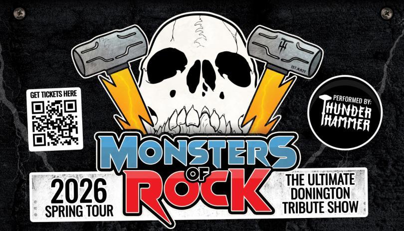 The Monsters of Rock logo with a skull and two hammers, plus logos of various rock bands including Van Halen and AC/DC