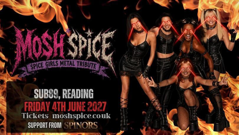 AI-generated poster with an image of the Spice Girls altered to be wearing leather metal-style versions of their usual outfits