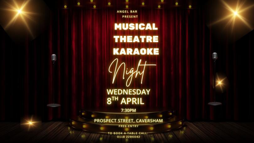 Poster for Musical Theatre Karaoke Night with the title in front of an image of a stage with microphones on it