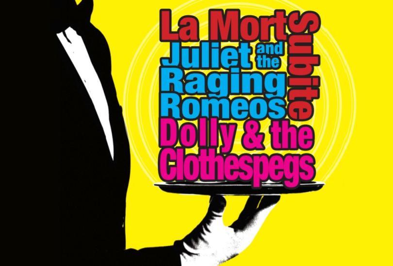 butler's arm holding a plate with the names of three bands "on it"