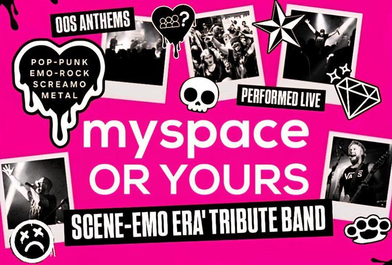 MySpace or Yours? logo with early-2000s style emojis in black on a pink background