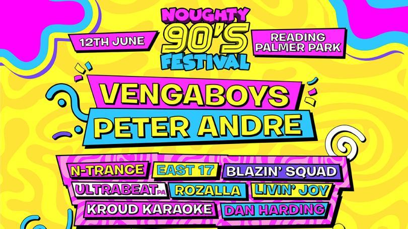 Poster for Noughty 90s Festival Reading with day-glo colours and a list of some the acts performing