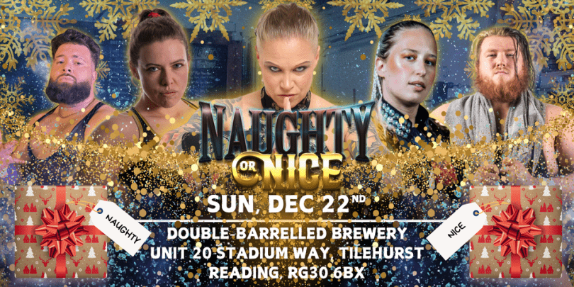 five wrestlers and Christmassy imagery