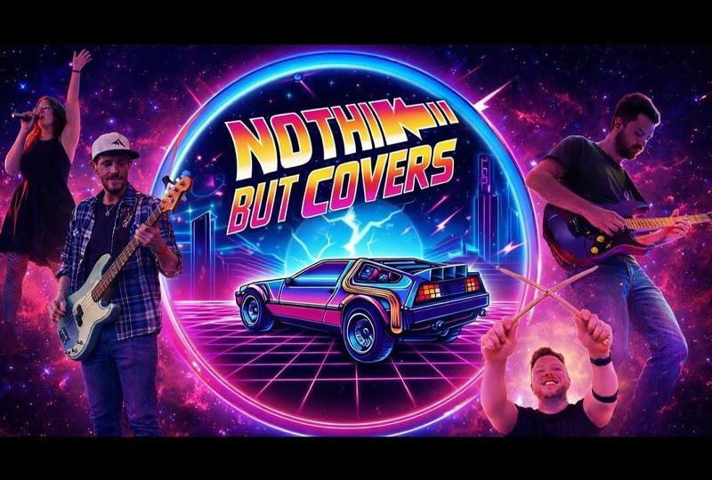 AI generated poster with the band name in the style of the Back to the Future logo over an image of a Delorean car, surrounded by images of the band members