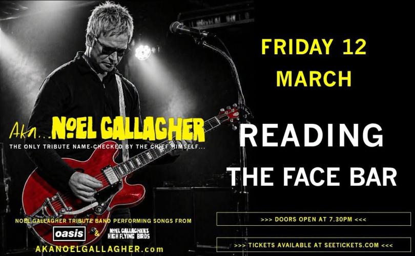 Poster with a black and white photo of a man dressed as Noel Gallagher, holding a bright red guitar