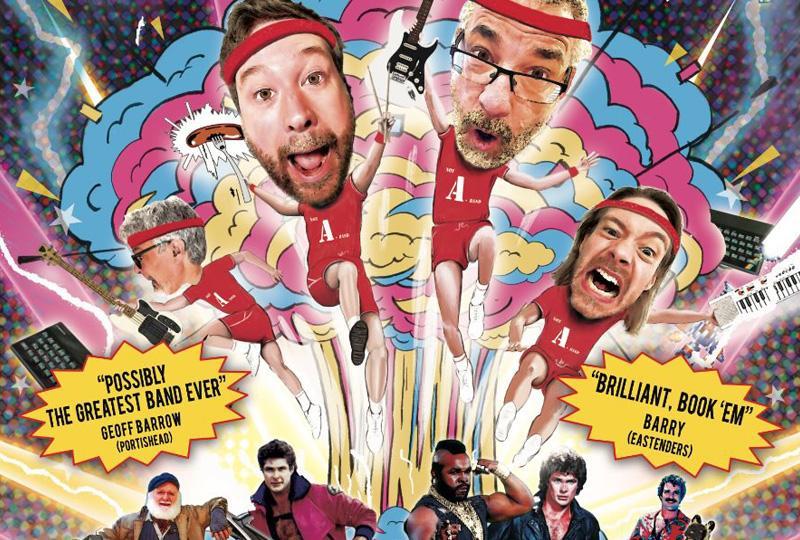 Poster designed to look like a comic book or movie poster, featuring four band members in red t-shirts and shorts and enlarged heads jumping into action. Below them are pictures of Michael Knight, Mitch Buchanan, BA Baracas and others