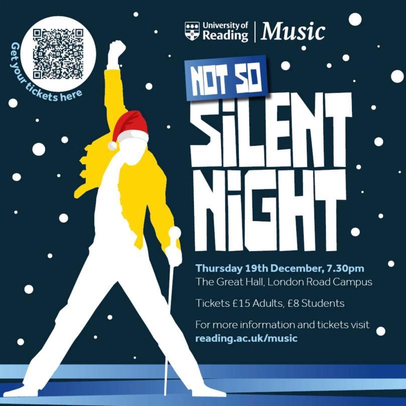 cartoon silhouette of Freddie Mercury aganst a snowy background