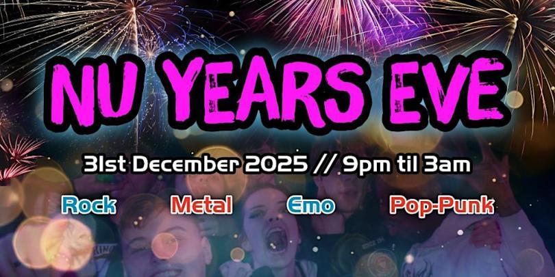 Poster with "Nu Years Eve" in pink over images of a crowd and fireworks