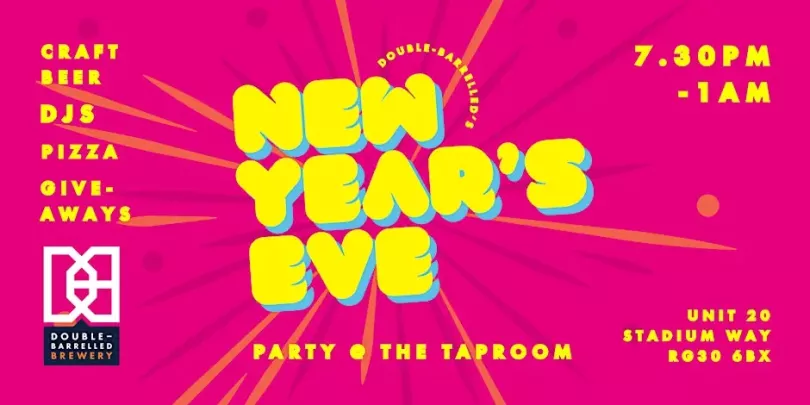 Poster for New Year's Eve @ The Taproom with yellow text on a pink background