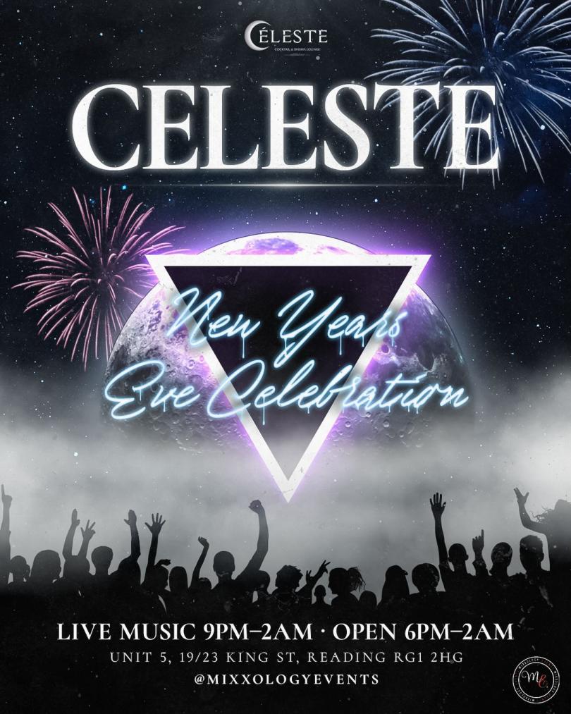 New Year's Eve poster with venue logo and artwork of a silhoutted crowd dancing to fireworks