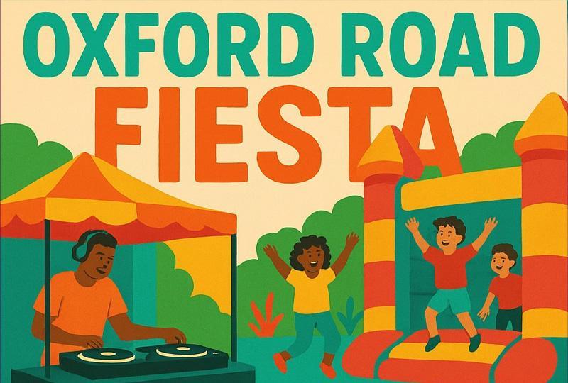 Oxford Road Fiesta poster with AI artwork of a DJ and bouncy castle