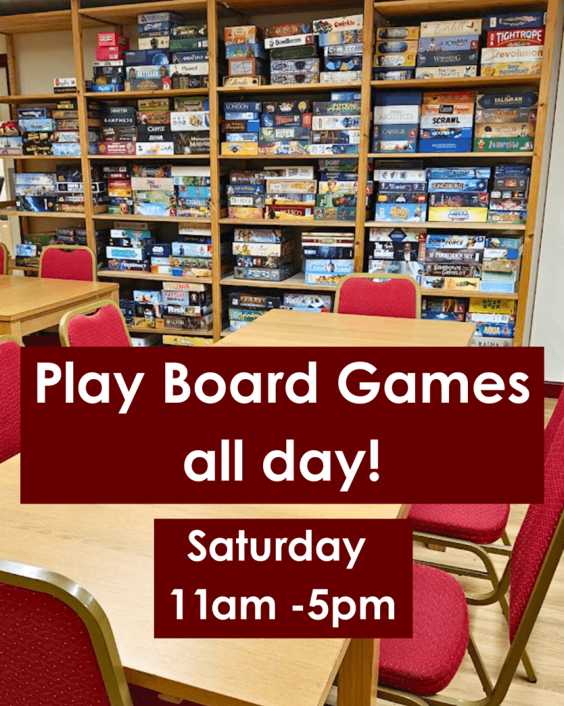 pic of the board games room with the caption of play board games all day saturday 11am to 5pm