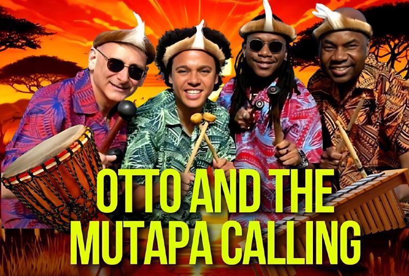 Event poster with an image of four musicians wearing traditional African headgear and holding percussion instruments