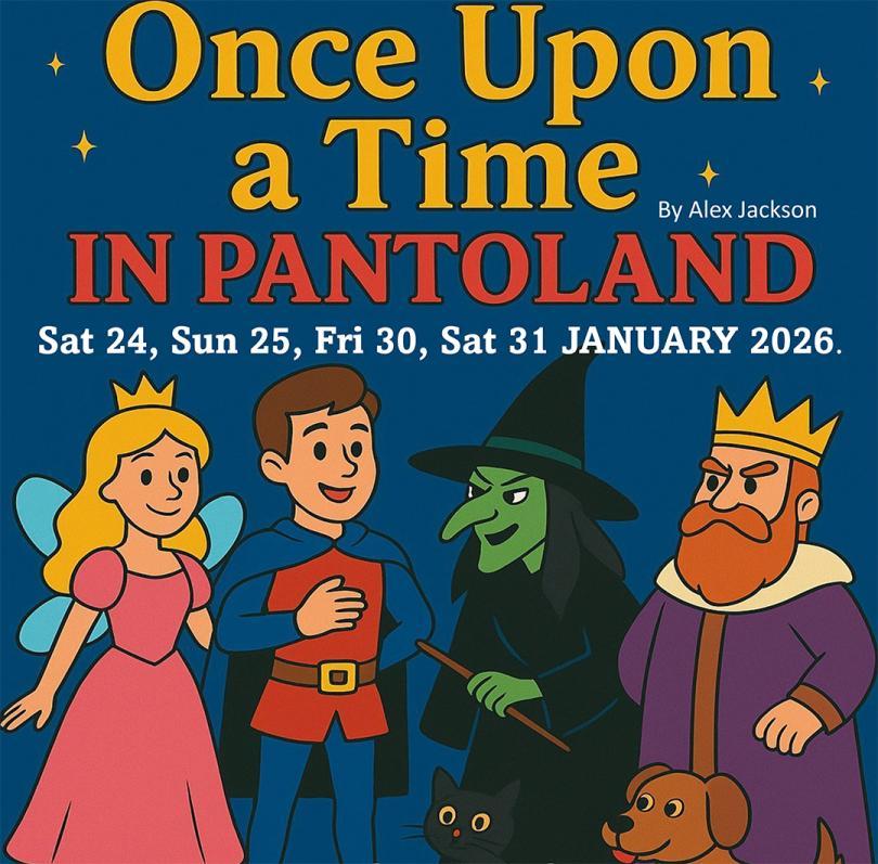 Poster with AI art of panto characters - a fairy, a prince, a witch and a king