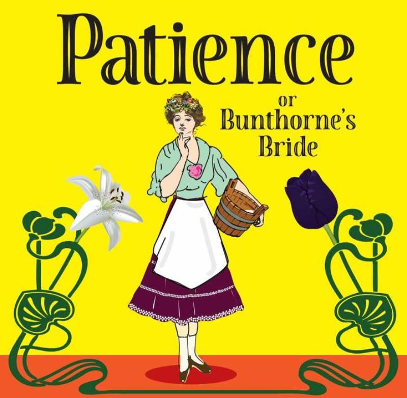 Poster for Mostly G & S Present: Patience with a Victorian-style cartoon of a woman stood between two flowers