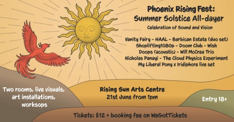 Phoenix Rising poster with an image of a phoenix flying towards a rising sun