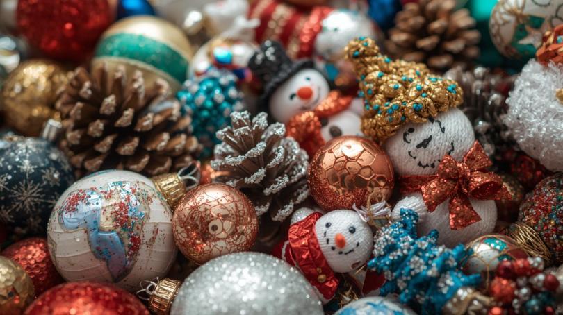 Photograph of a collection of pine cones and colourful Christmas baubles lying on a table. 