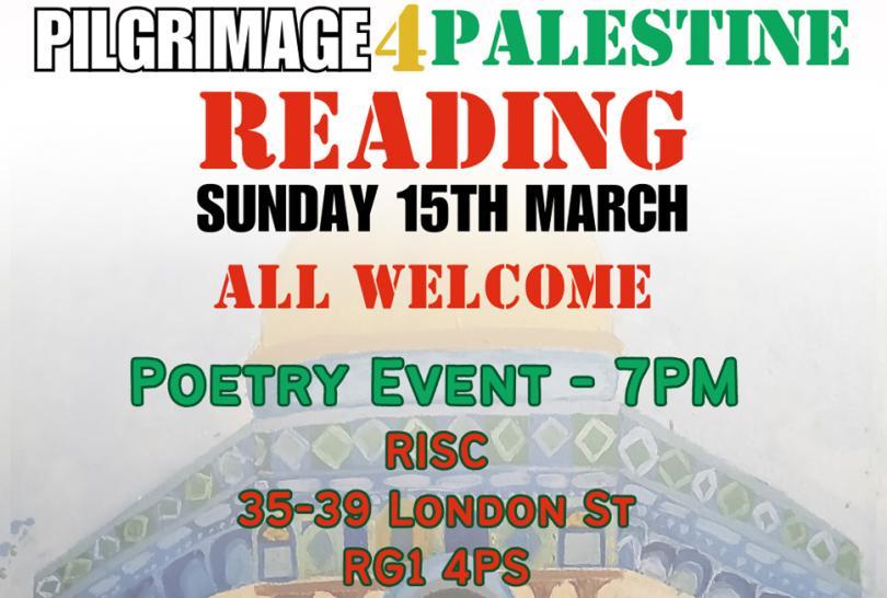 Poster with information about the event over a faint image of the top of a building