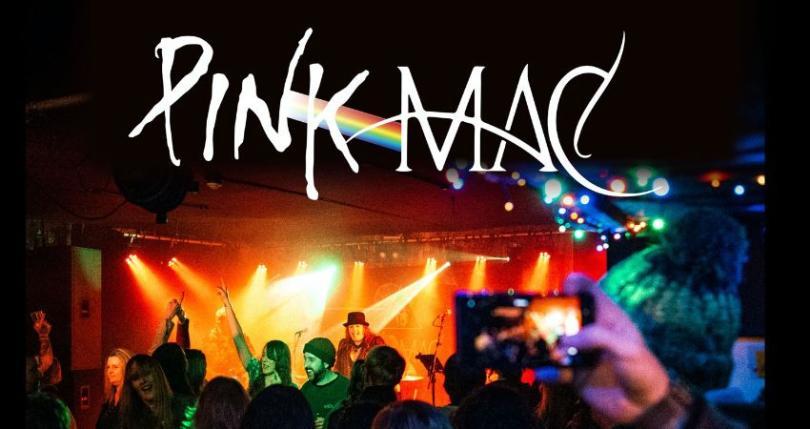 Pink Mac logo over an image of a band on stage