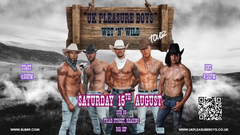 Muscular shirtless male dancers in cowboy hats