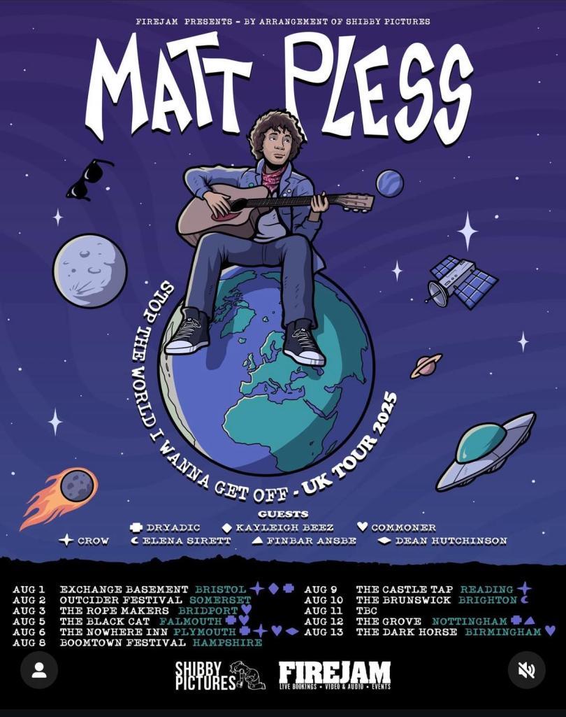 Tour poster featuring a comic book-style image of Matt Pless sitting on the planet earth