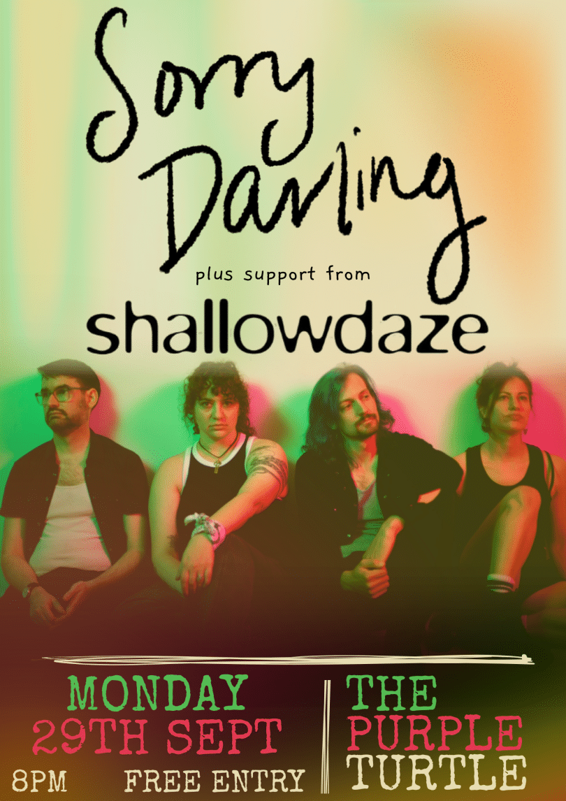 Sorry Darling band members with Shallowdaze logo, haze green and pink background. 