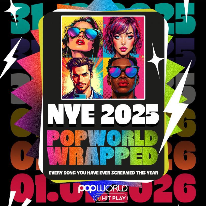 Poster for Popworld Wrapped New Year's Eve party featuring AI headhsot fo four people