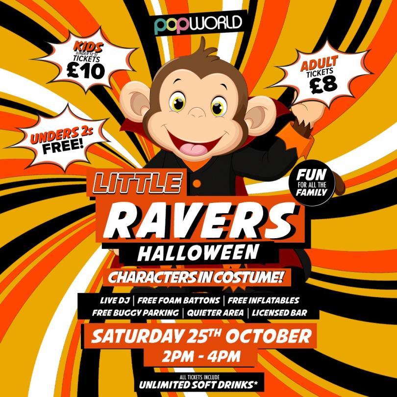 Poster for Little Ravers: Halloween Special with a cartoon monkey against a kaleidoscopic background