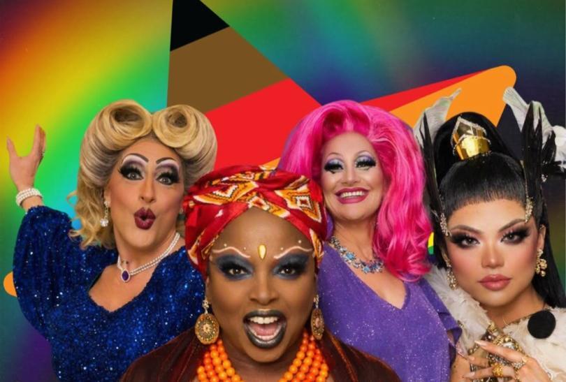 Four drag queens in elaborate make-up and outfits