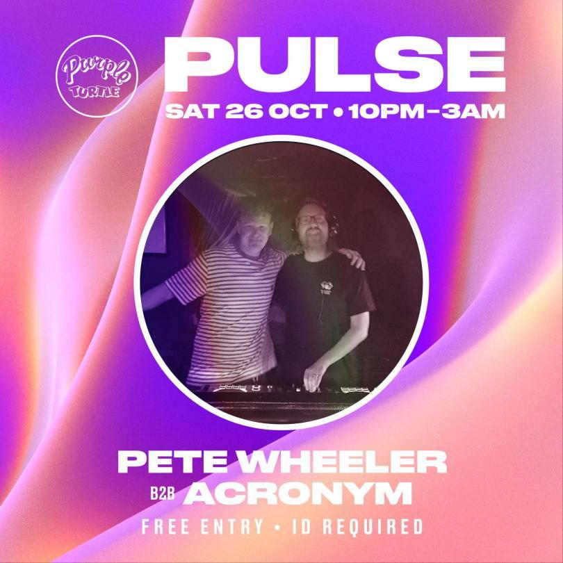 photo of two middle-aged men behind dj decks, in a circle on a purple background