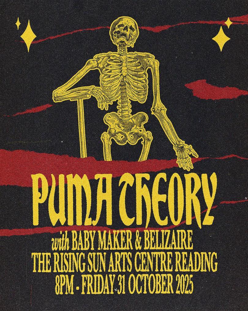 Poster for Puma Theory Halloween Show with a drawing of a yellow skeleton against a black and red background