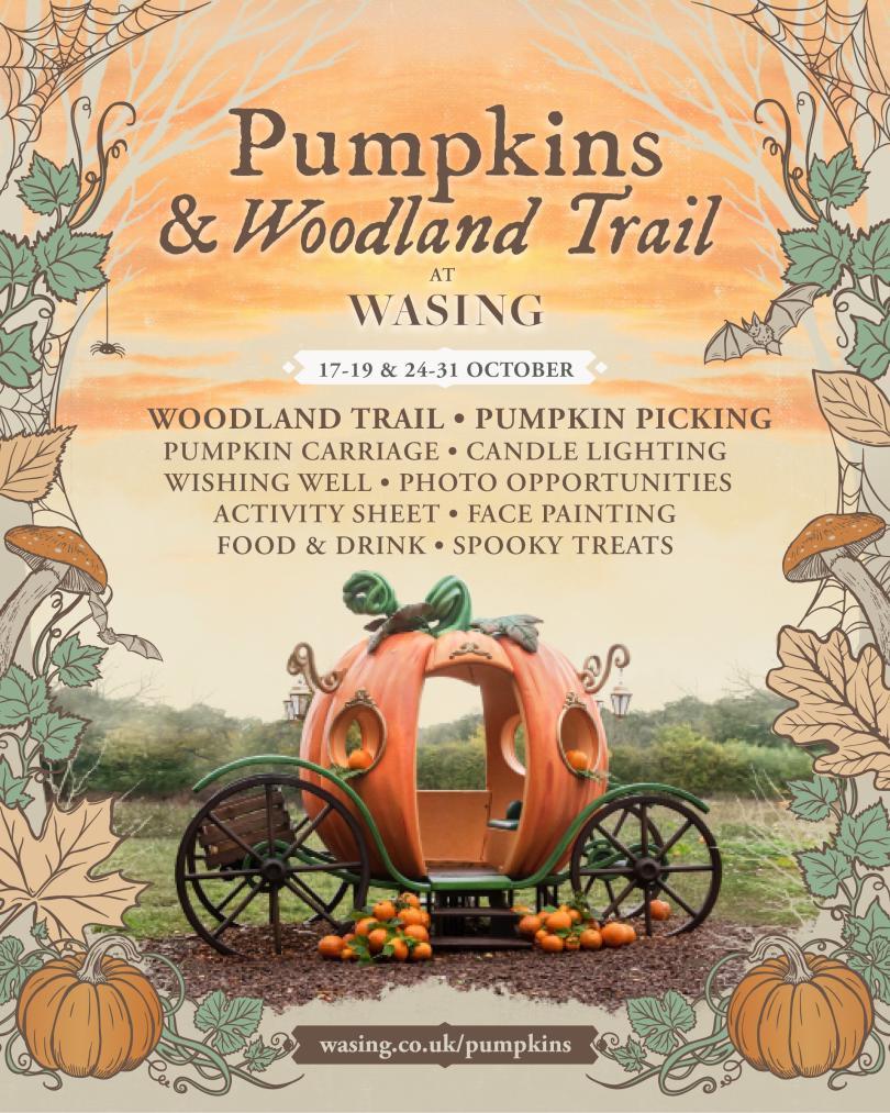 Poster for Pick Your Own Pumpkins and Woodland Trail 2025 with a photo of a carriage that looks like a pumpkin
