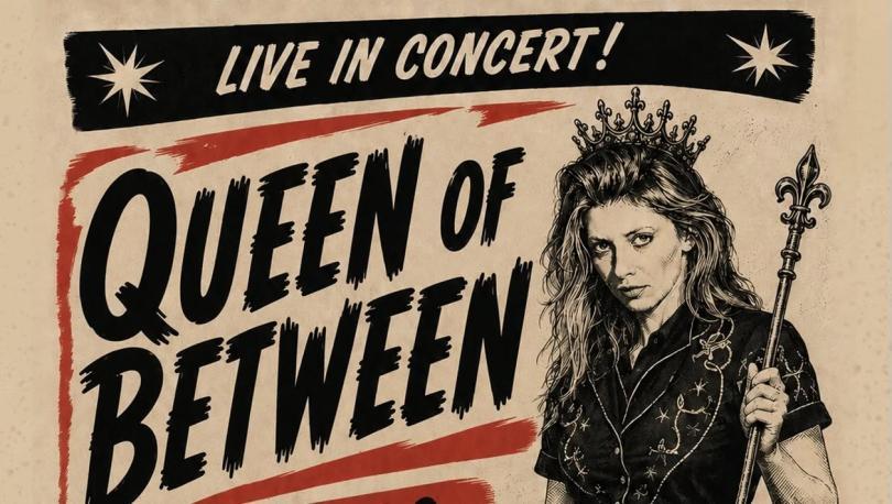 aI generated poster with artwork of a woman with a crown and sceptre and the text "live in concert: Queen of Between"