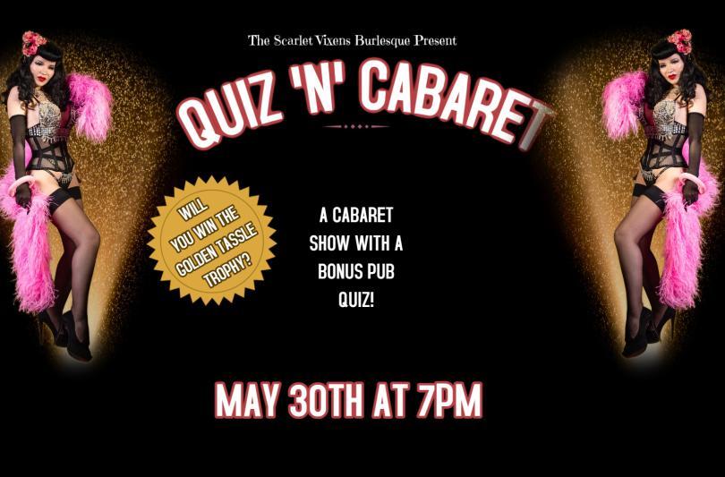 Photo of a burlesque performer and the logo "Quiz n Cabaret"