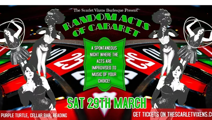 Image of various burlesque performers superimposed over a roulette wheel