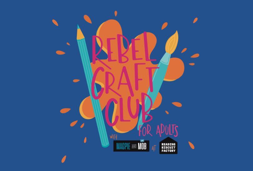 Rebel Craft Club logo designed like a paintsplash, paintbursh and pencil