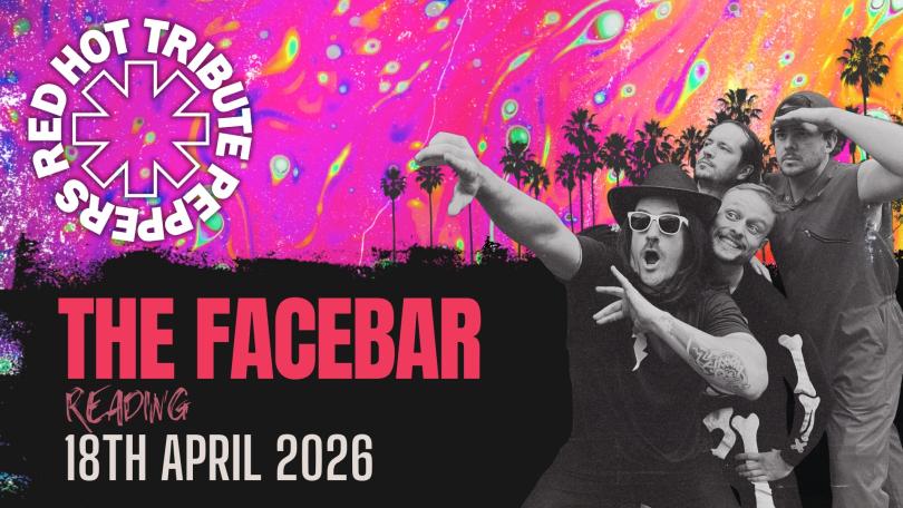 monochrome photo of the band members in a silly pose next to the band's logo