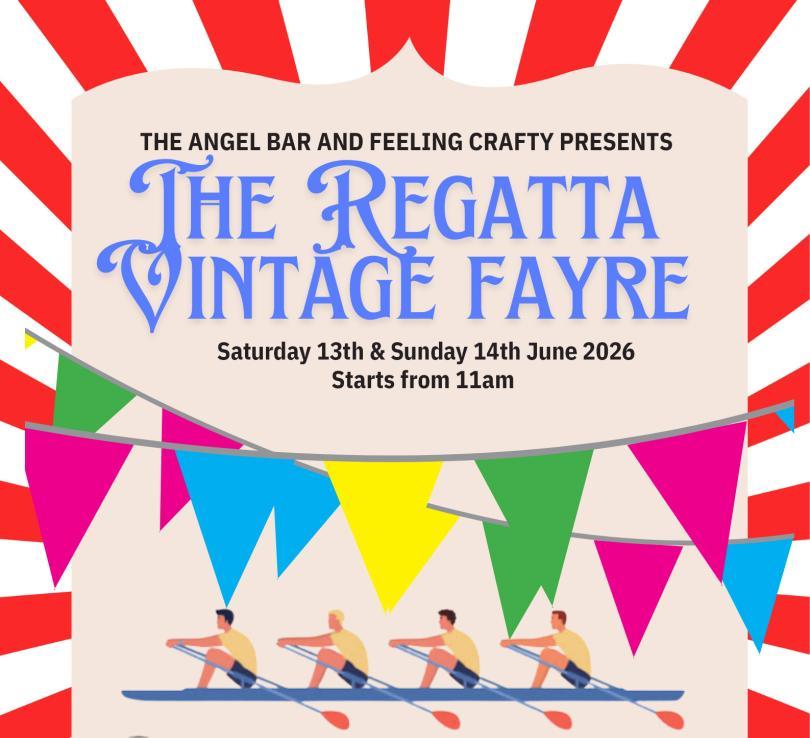 Poster for The Regatta Vintage Fayre with cartoon images of rowers and bunting