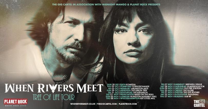 Close-up monochrome image of male-female music duo When Rivers Meet