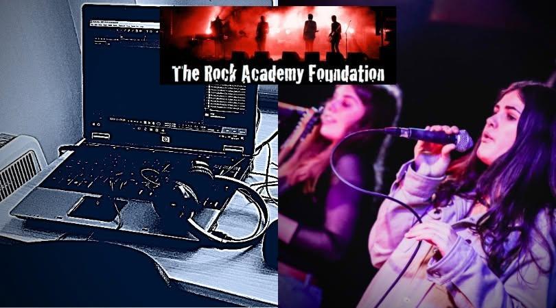 An image of a laptop with headphones, and an image of two teenage girls singing into microphones on stage