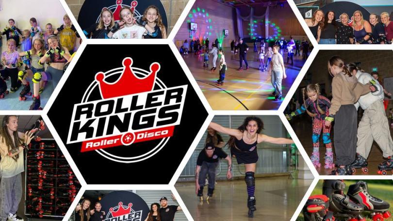 montage of images of people at a roller disco
