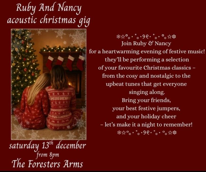 Poster featuring possibly AI art of two women in Christmas pyjamas