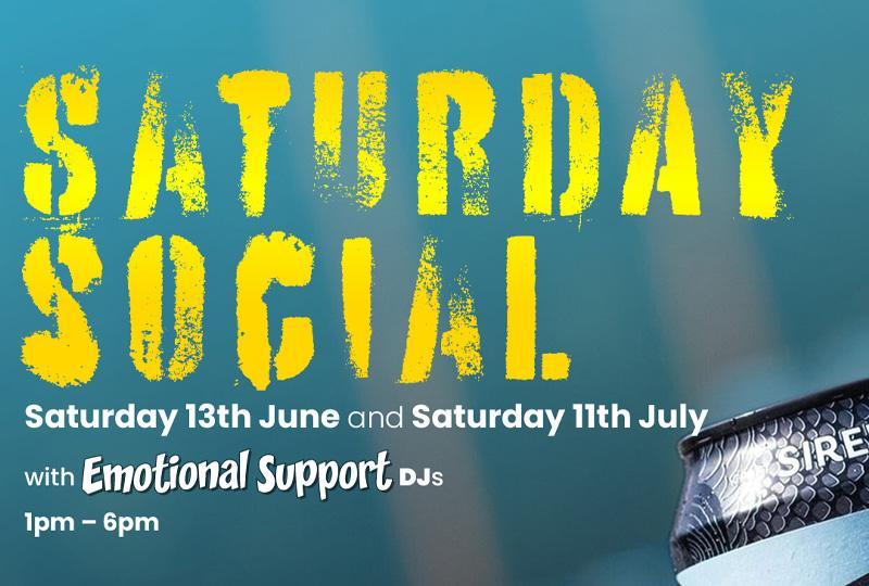 Poster for Saturday Social with Emotional Support DJs with an image of a Siren beer can