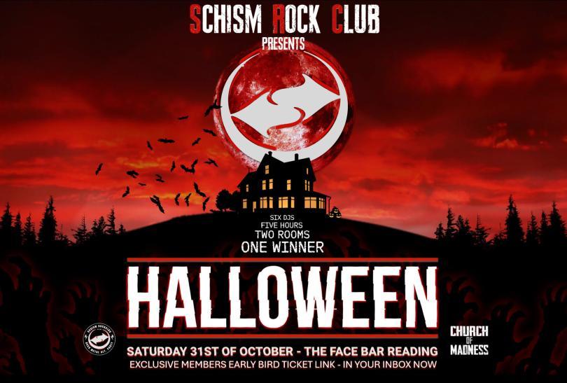 Schism logo over an image of a haunted house on a hill, under a red sky