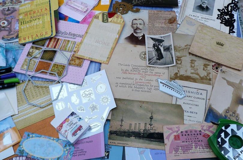 Pictures and trimmings used in scrapbooking