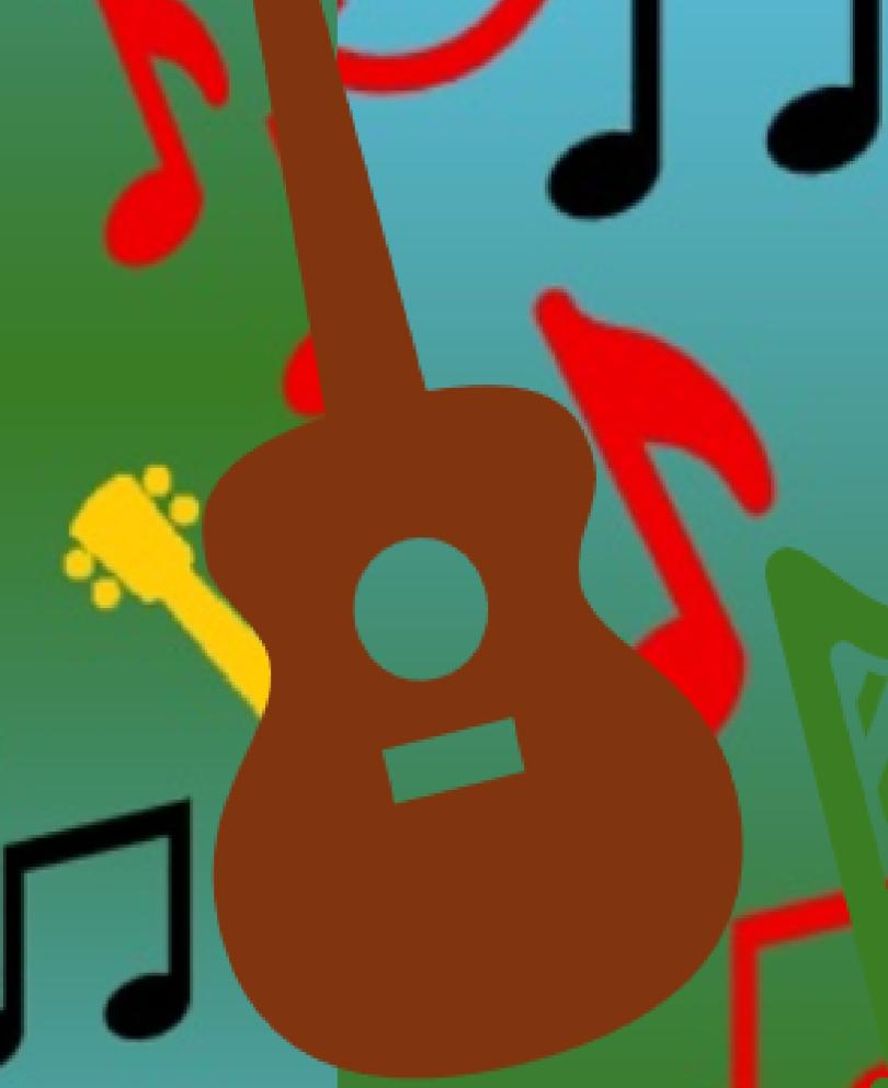 Image of a guitar against a colourful collage of images of musical notes