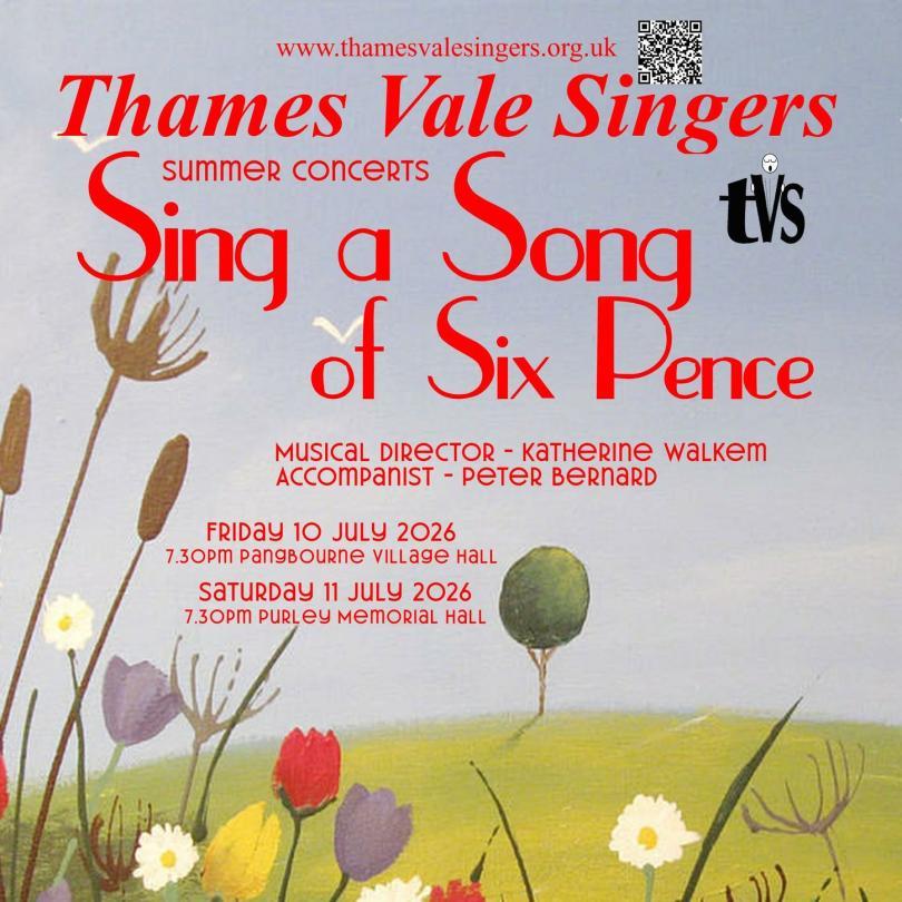 Poster for Sing a Song of Six Pence concert with the title over a painted image of a green field with a lone tree in the background and colourful flowers in the foreground
