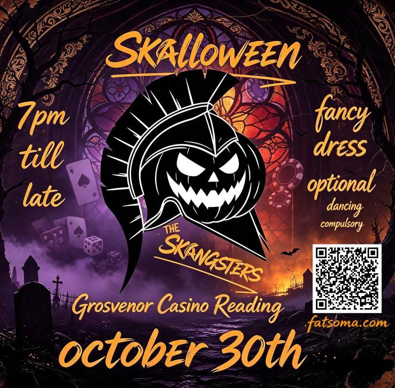 Poster for Skalloween with the Trojan records helmet logo modded to include a jack o'lantern
